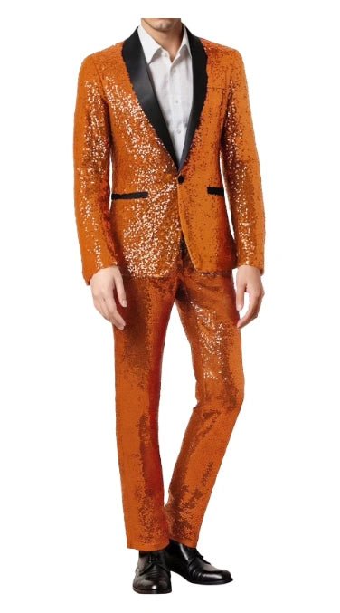Mens Orange Sequin Tuxedo Suit β Shiny Wedding Suit Set with Black Lapel for Prom, Party, Gala and Formal Evening Wear - Goldish Orange