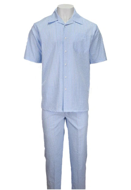 Mens Light Blue Seersucker Walking Suit Set β Casual Summer Short Sleeve Outfit with Matching Pants Lightweight Two Piece Set