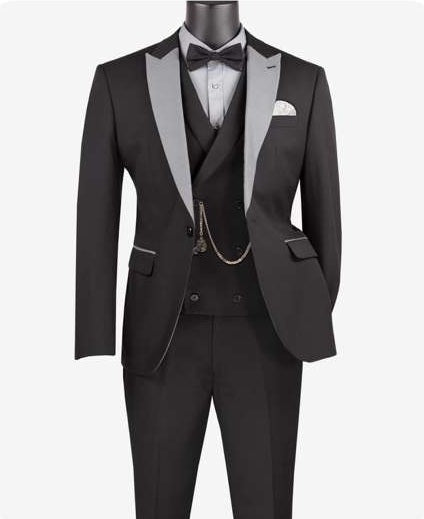 Men’s Black And White Lapel 3 Piece Tuxedo Suit with Silver Gray Satin Lapel | Formal Wedding Prom Suit Set