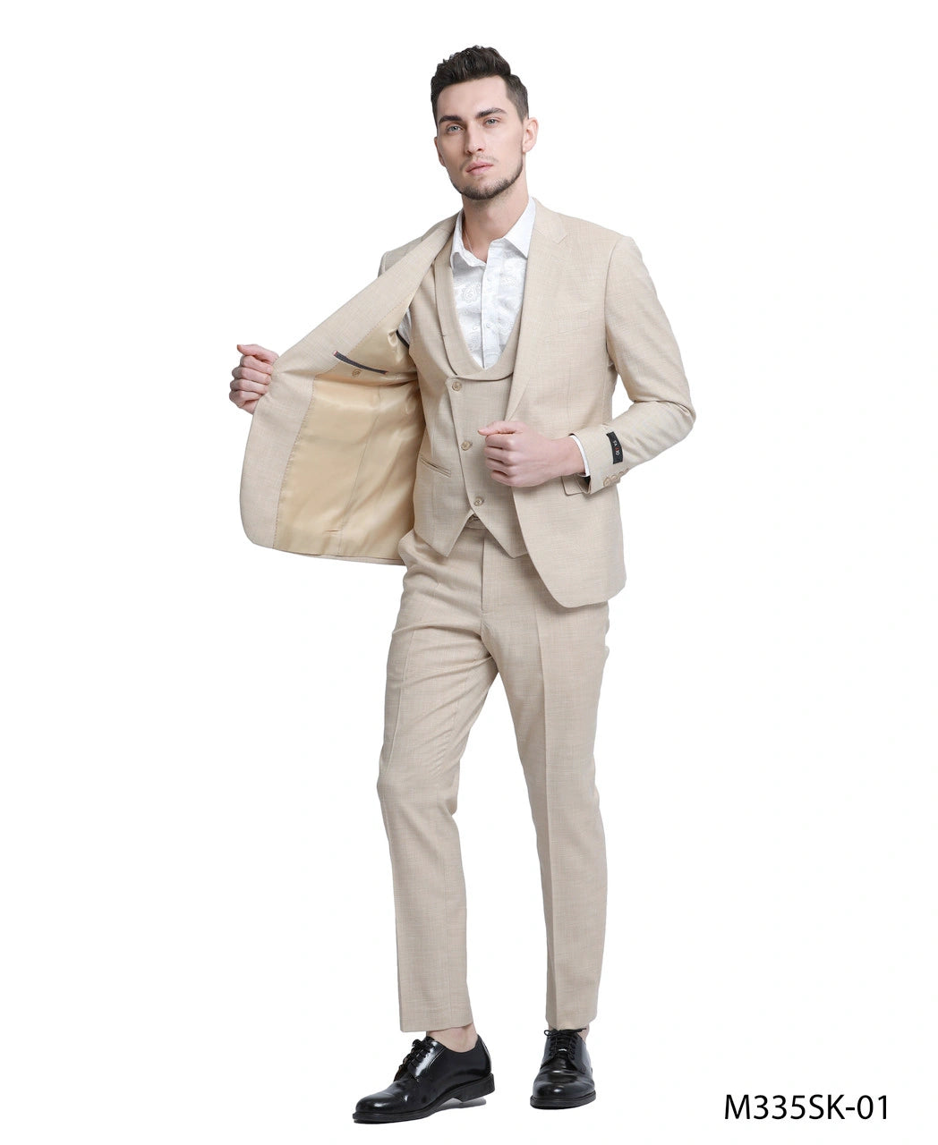 Mens Sand Beige 3 Piece Suit β Double breasted Vest Formal Suit Set and Dress Pants in Champaign Natural Summer Color