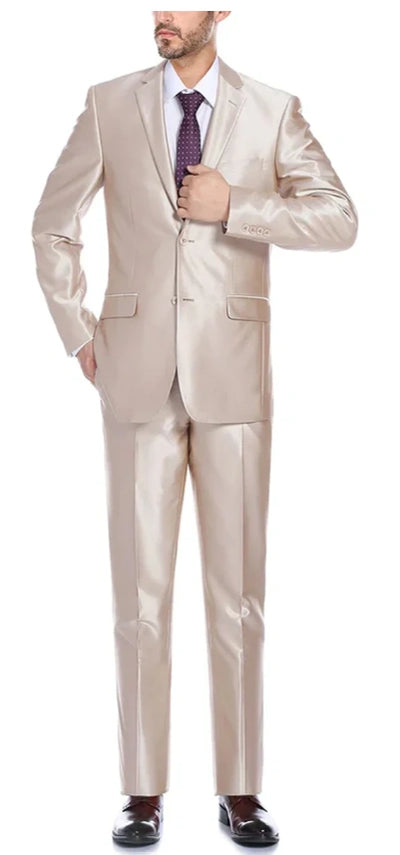 Men’s Champagne Tan Sharkskin 2 Button Suit – Shiny Formal Suit with Optional Vest for Wedding, Prom, Business Beige Color