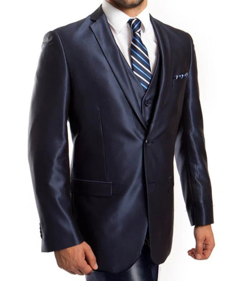 Men’s Navy Blue Sharkskin 3 Piece Suit – Two Button Vested Shiny Formal Suit for Wedding, Prom, Business and Party Wear