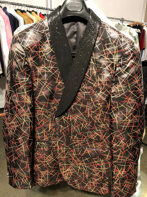 Men’s Black Shiny Designer Blazer with Red and Gold Pattern - Luxury Party & Wedding Jacket by USA Men's Outlet