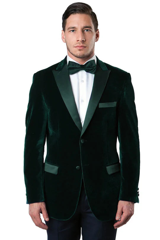 Men’s Dark Green Velvet Tuxedo Dinner Jacket – Slim Fit Formal Blazer with Satin Peak Lapel Lape – SuitUSA