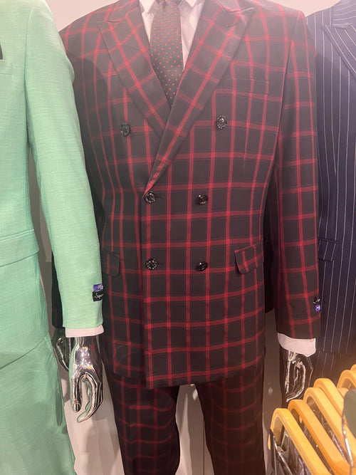 Men’s Black and Red Check Double Breasted Blazer - Sport Coat Jacket Windowpane Sportcoat Slim Fit by USA Men's Outlet