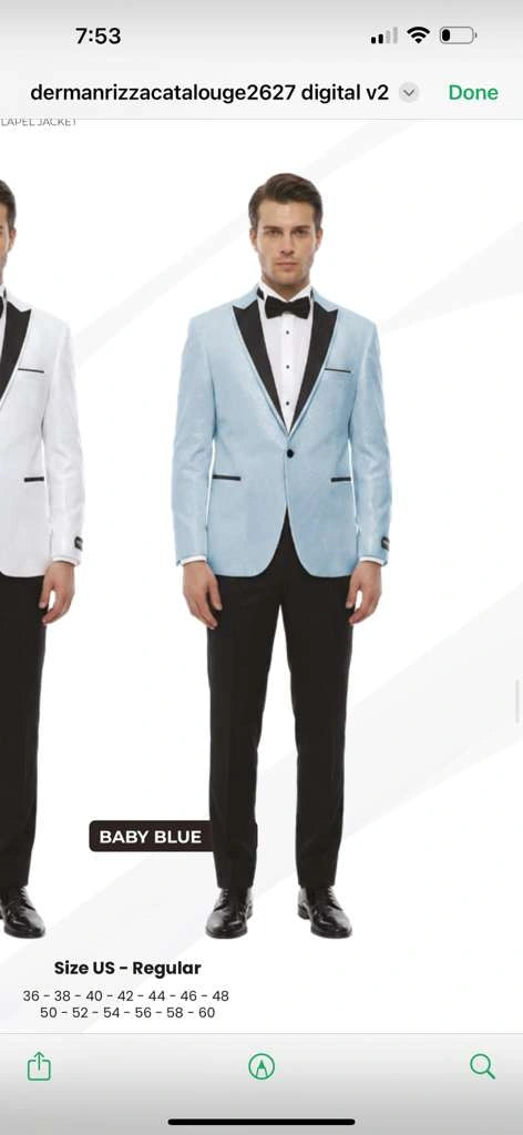 Men’s Baby Blue Tuxedo Blazer with Black Lapel – Formal Dinner Jacket for Wedding, Prom and Evening Events in Sky Light Blue Color