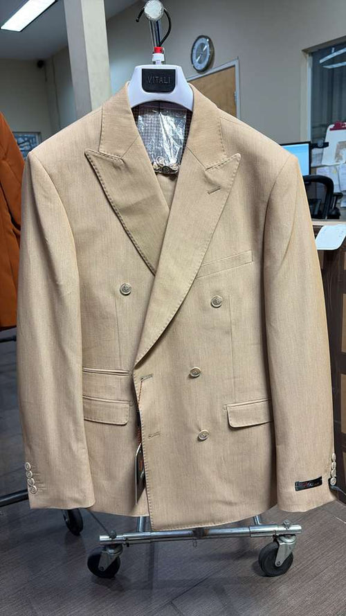 Vitali Brand Men’s Beige Double Breasted Suit – Classic Wedding, Prom & Party Wear Formal Outfit Khaki Camel Color