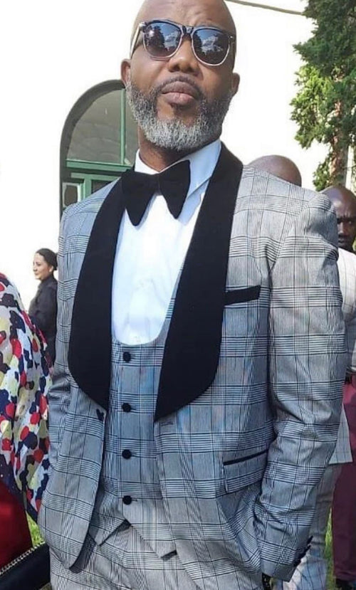 Men's Black Plaid Tuxedo – 3 Piece Suit with Black Velvet Shawl Lapel - Gray Glein Tartan Pattern Wedding Suit