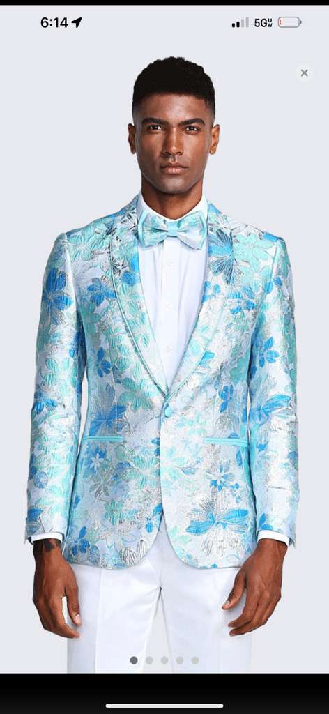 Men’s Light Blue Floral Jacquard Tuxedo Jacket with Matching Bow Tie | Formal Prom Wedding Blazer + Bowtie Turqoise Aqua Color