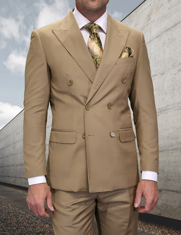 Menβs Statement Brand Caramel Khaki Double Breasted Wool Suit, Designer Formal Business Suit Set Wool Suit in Camel Color