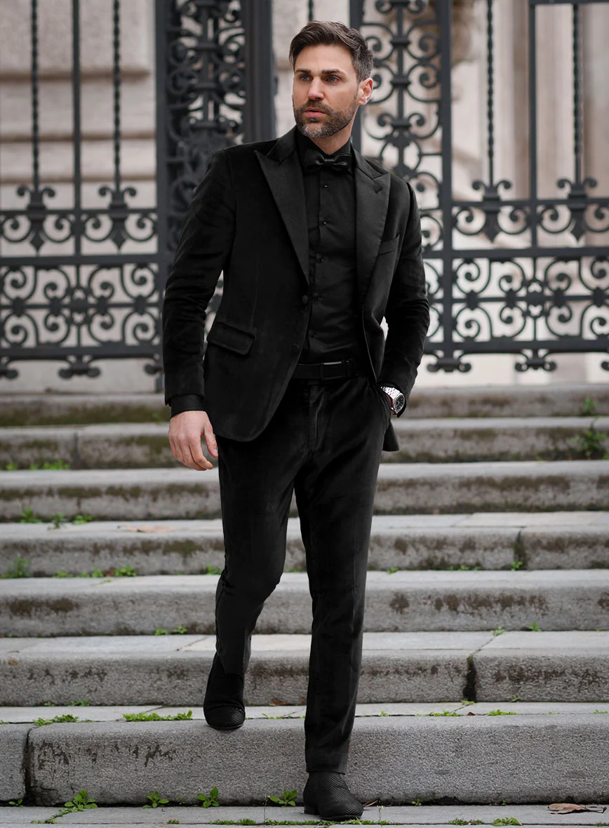Men’s Black Velvet Tuxedo Suit – Peak Lapel Wedding, Prom and Formal Evening Velvet Pants