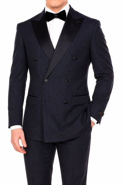 Menβs Navy Blue Double-Breasted Tuxedo β Tone-on-Tone Shadow Pinstripe Formal Wedding and Prom Suit