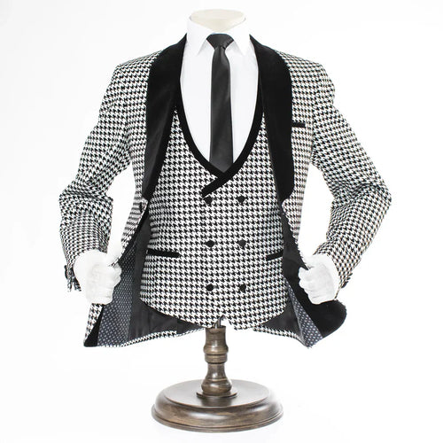 Men’s Black and White Houndstooth Tuxedo Set with Velvet Shawl Lapel | 3-Piece Formal Suit with Double-Breasted Vest