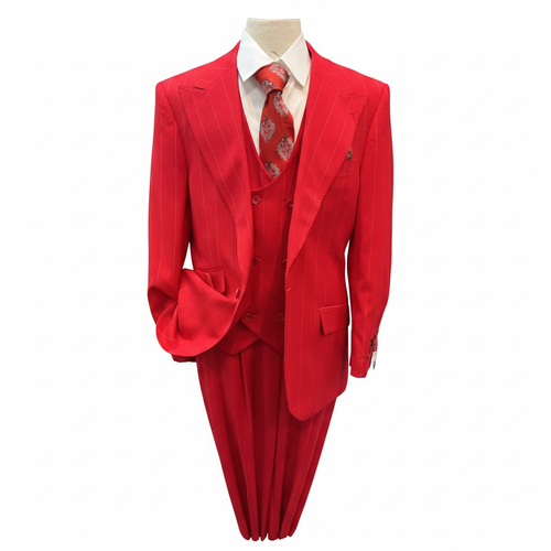 1920s Christmas Holiday Gangster Men’s Red Pinstripe 3-Piece Suit – Peak Lapel Classic Fit Pleated Pants