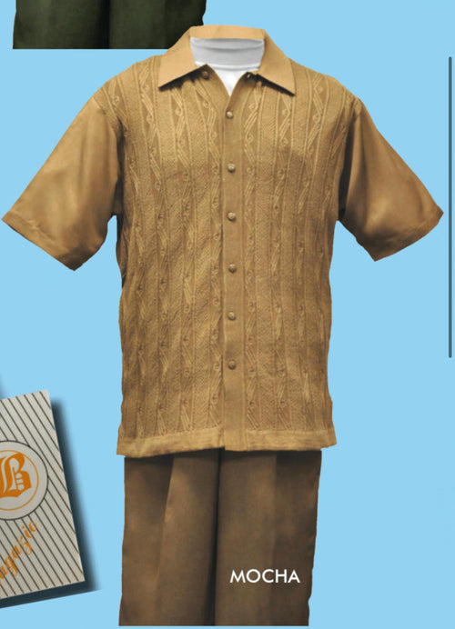Mens Mocha Brown Short Sleeve Knit Walking Suit – Two-Piece Casual Button Down Set in Taupe Coffee Color