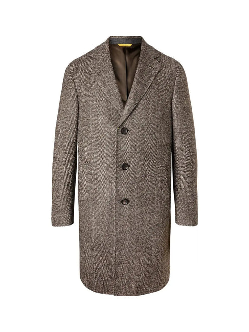 Men’s Black & Grey Herringbone Tweed Wool Blend Overcoat – Classic Single-Breasted Winter Blazer Carcoat