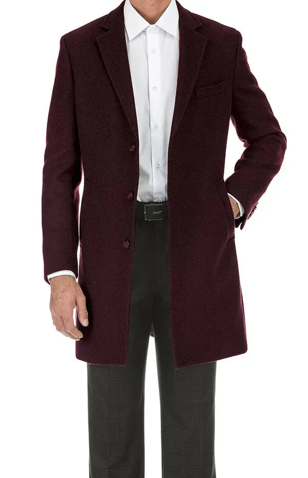 Men’s Burgundy Long Coat - Classic Fit Wool Blend Overcoat - Topcoat Full length USA Men's Outlet