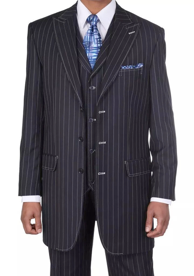 Men’s Three Button Suits - Navy Blue Pinstripe Three-Piece Suit – Classic Business and Formal Wear with Tailored Fit
