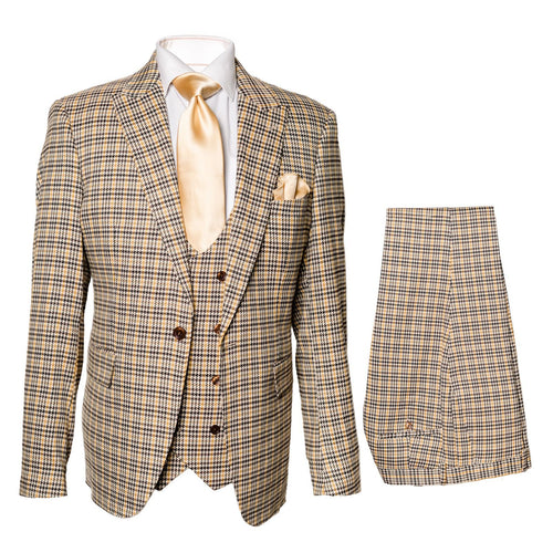 Men’s Beige and Navy Check 3-Piece Suit Set – Premium Tailored Fit Formal Wedding and Business Suit By Rossiman