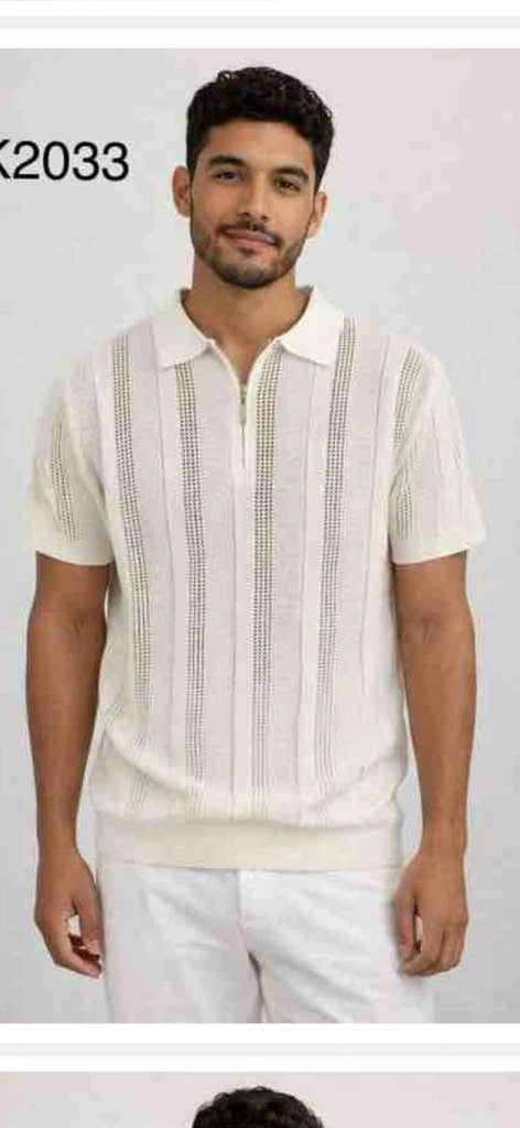 Mens Cream Ivory Off White Knit Walking Suit Set – Lightweight Short Sleeve Shirt and Pants Outfit for Summer, Vacation and Casual Wear