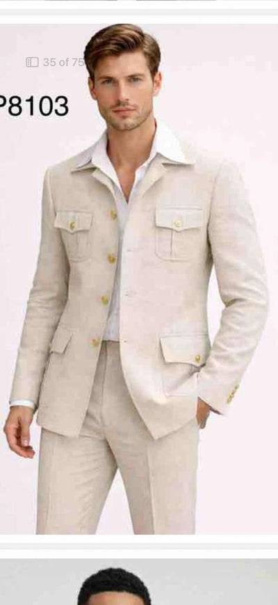 Mens Tan Beige Safari Military Walking Suit Set – Casual Two Piece Outfit Lightweight Summer Blazer and Pants Set Classic Casual Wear