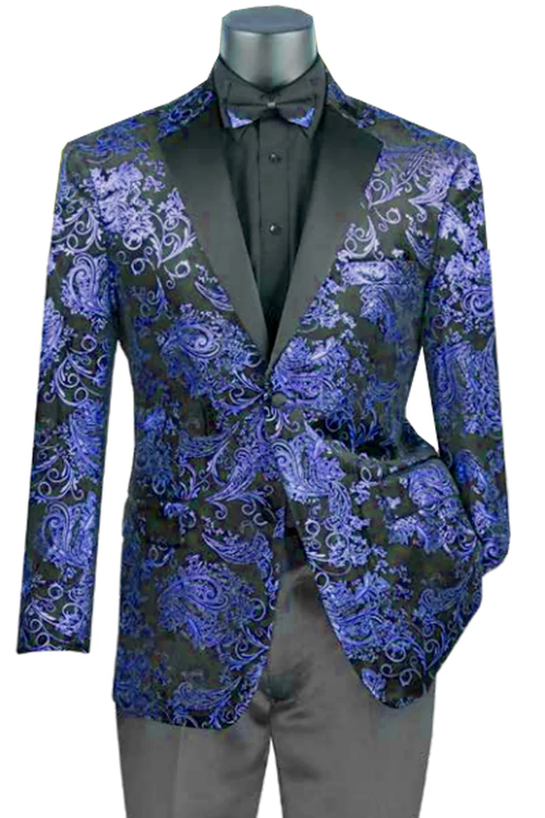 Mens Royal Blue Paisley Jacquard Blazer β Luxury Pattern Tuxedo Dinner Jacket with Black Satin Lapel for Wedding, Prom With Bowtie