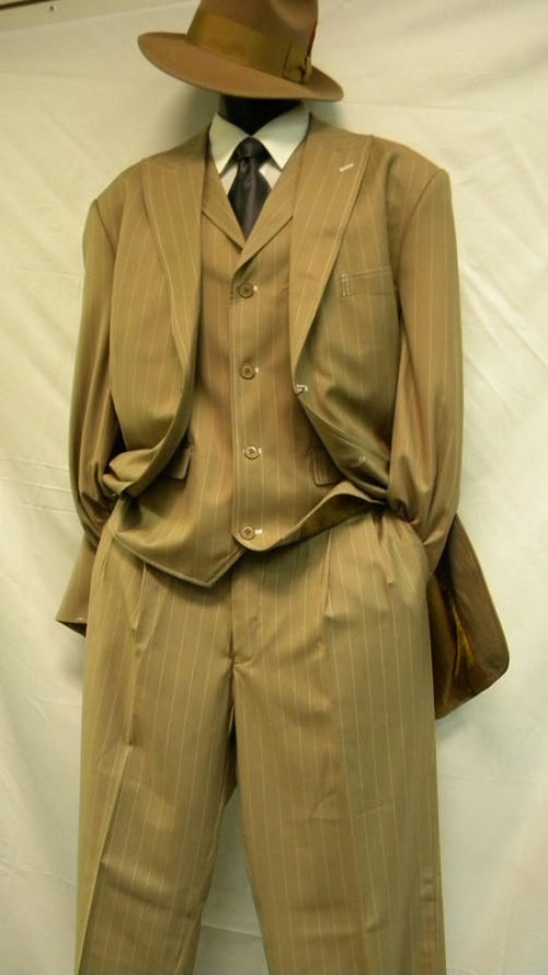 Mens Tan Pinstripe Three Button Suit β 1920s Gangster Vintage 3-Piece Suit with Wide-Leg Pants and Fedora Style in Beige Color
