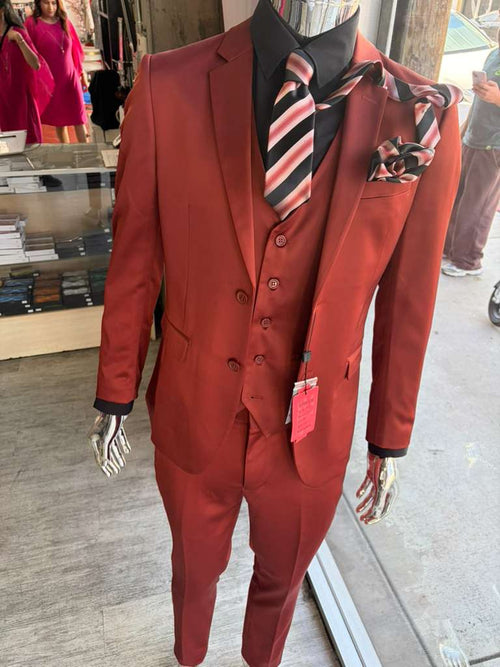Menās Rust Copper Coganc Shiny Sateen 3 Piece Suit, Vested Formal Wedding Prom Suit Set Ultra Slim Fit