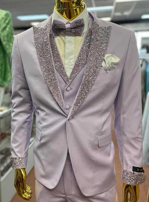 Men’s Lilac Suit with Silver Glitter Sequin Lapel – Lilac and Silver Formal Tuxedo Suit for Prom, Wedding Lavender Tuxedo