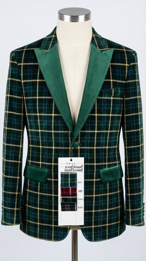 Mens Tartan Green and Gold Check Blazer β Windowpane Plaid Sport Coat Velvet Lapel Plaid Christmas Holiday New Year Jacket