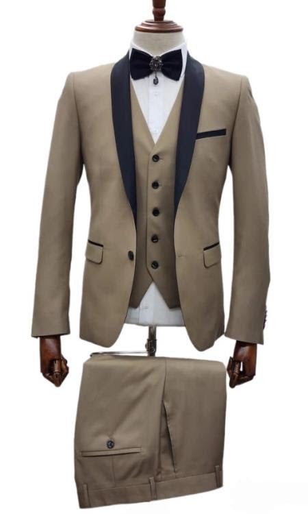 Mens Western Cowboy Suit β 3-Piece Tan Tuxedo with Black Lapel, Vest, and Pants Beige Color