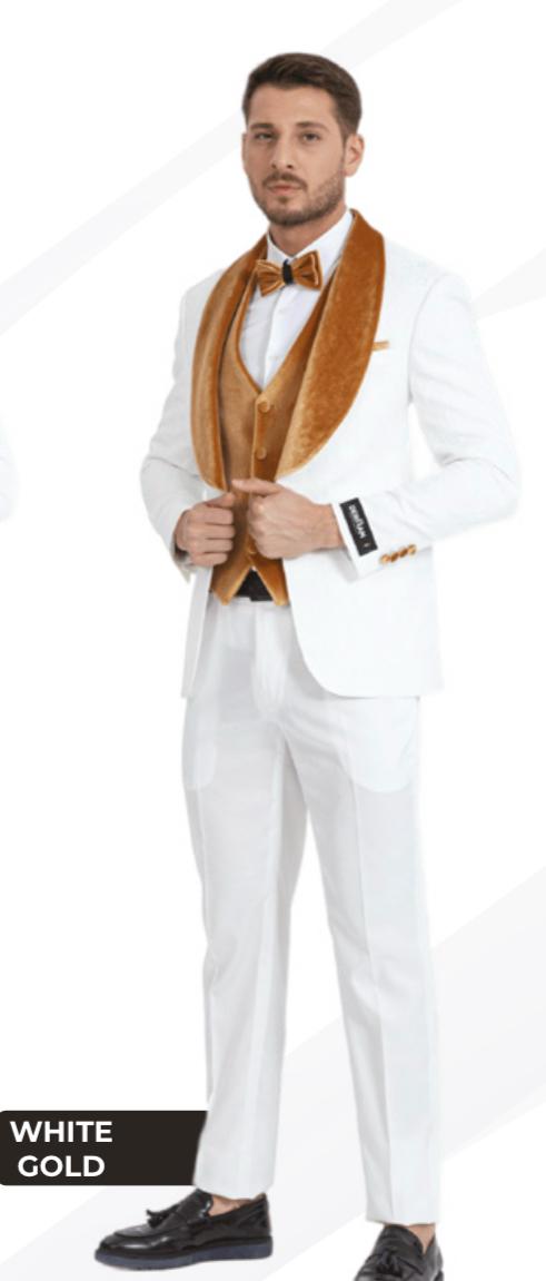 Men's White & Gold Tuxedo β Velvet Shawl Lapel 3 Piece Wedding & Prom Suit