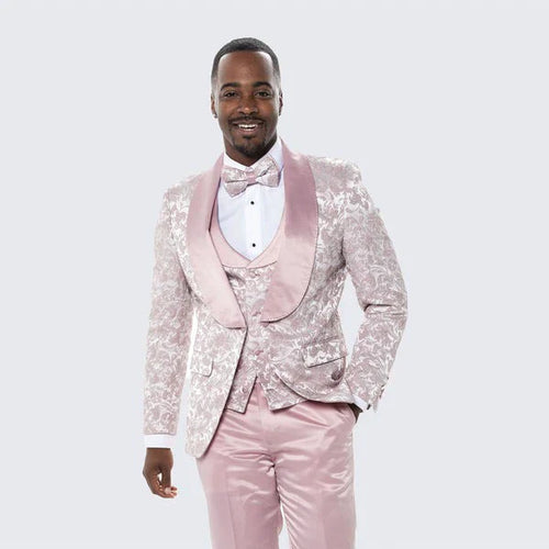 Men’s Light Pink Dusty Rose - Floral Tuxedo Suit - Luxury Satin Shawl Lapel 3-Piece Formal Wedding and Prom Suit in Blush Mauve color USA Men's Outlet