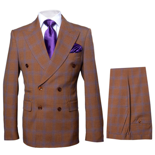 Men’s Brown Plaid Double-Breasted Suit – Premium 2-Piece Classic Checkered Windowpane Suit by Rossiman