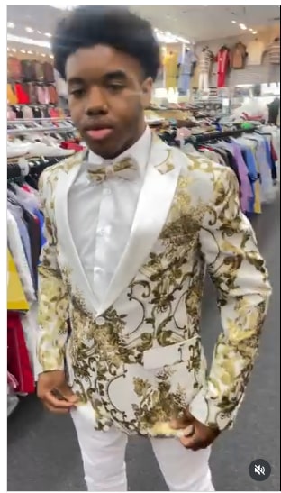 Mens White and Gold Floral Tuxedo Jacket with Satin Lapel – Luxury Prom, Wedding and Formal Dinner Blazer