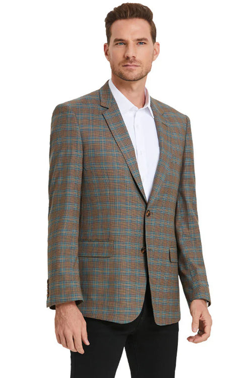 Men’s Green Brown and Teal Plaid Sport Coat - Tailored Fit Check Blazer Jacket - Tartan Sportcoat by USA Men's Outlet