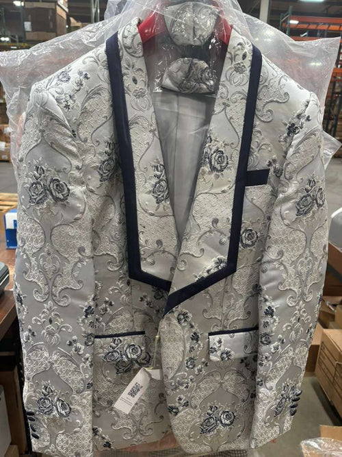 Men’s White and Navy Blue Lapel Floral Jacquard Blazer with Contrast Shawl Lapel – Luxury Wedding and Party Wear Jacket paisley Tuxedo Navy Pants