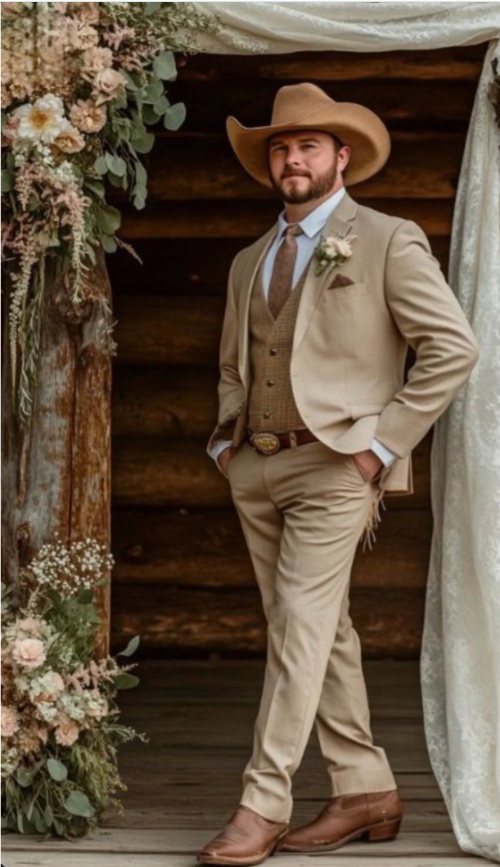 Mens Sharkskin Dark Taupe Tan with sheen Western 3 Piece Suit β Classic Country Style Blazer Vest Pants Set, Formal Cowboy Suit Outfit