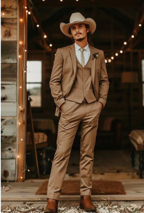 Mens Camel Brown Copper Western 3 Piece Suit β Classic Country Style Blazer Vest Pants Set, Formal Cowboy Suit Outfit