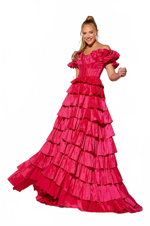 Taffeta Off Shoulder Tiered Gown by Lucci Lu 1431