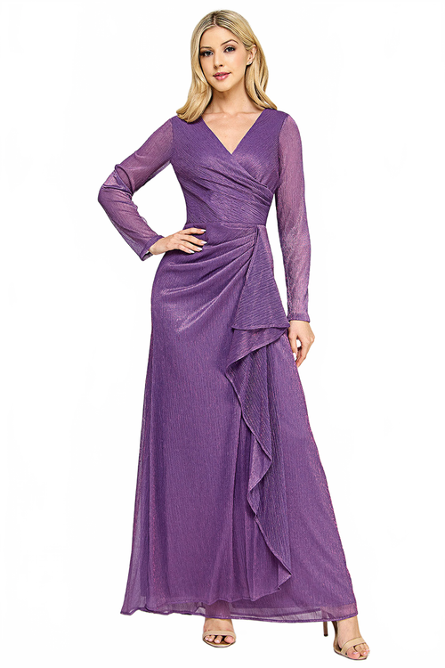 Glitter Mesh Long Sleeve V-Neck Evening Gown with Draped Waist Detail By Lenovia 5324