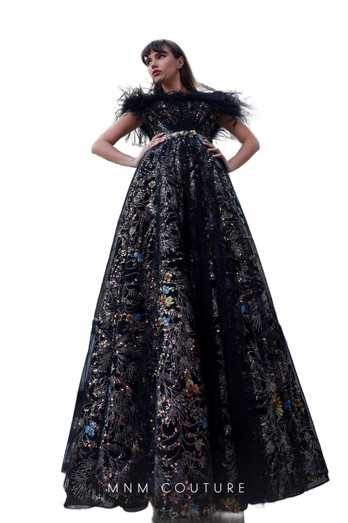 Black Feather-Shoulder Ball Gown by MNM Couture K4021