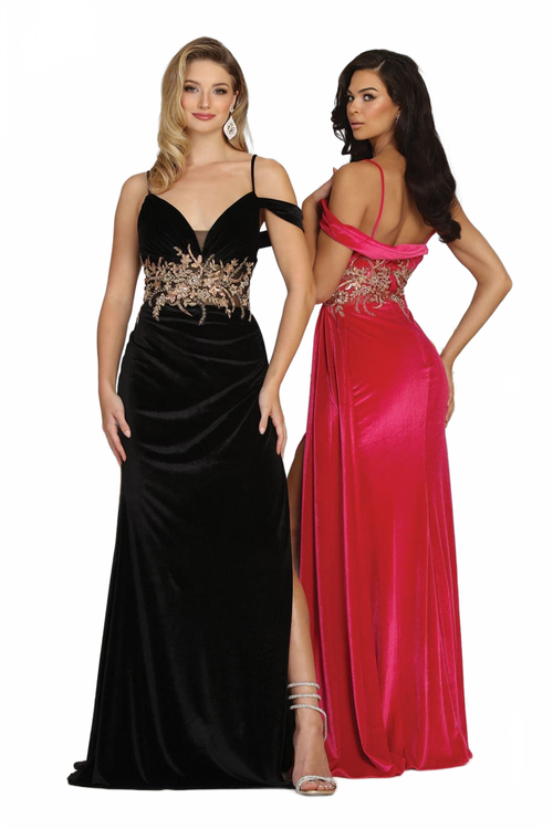 Royal Queen RQ8087 V-neck Spaghetti Straps Slit Velvet Prom Dress