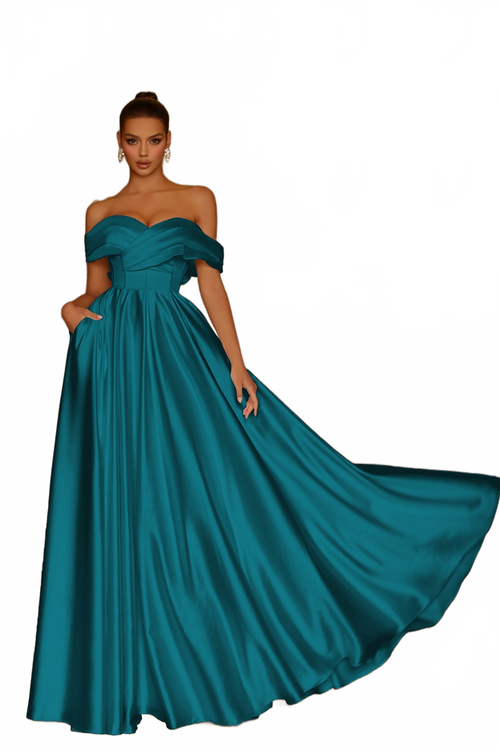 Tina Holly TE207 Wedding Prom Off-Shoulder Pleated Pockets Satin Dress