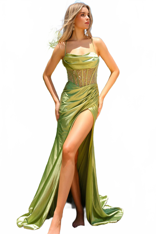 Amelia Couture BZ020 Cowl Neck Long Sexy Prom High Slit Gown