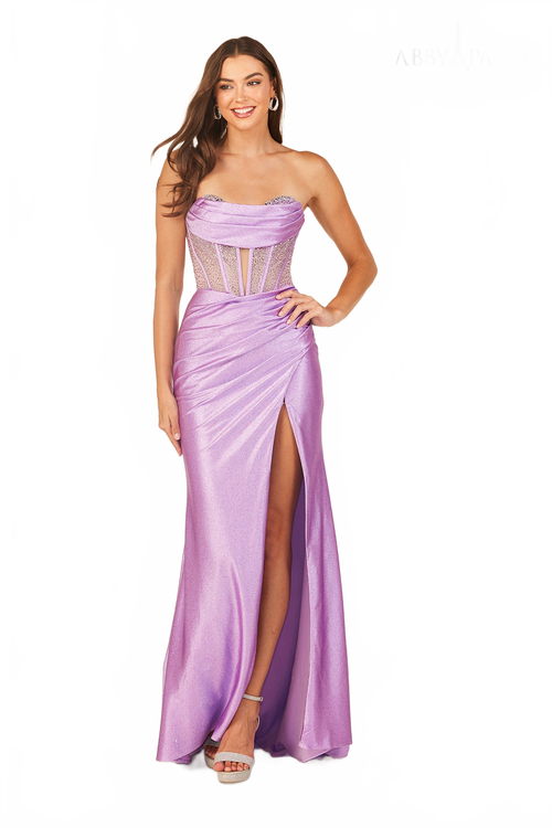 Abby Paris 90311 Beaded Strapless Slit Evening Gown