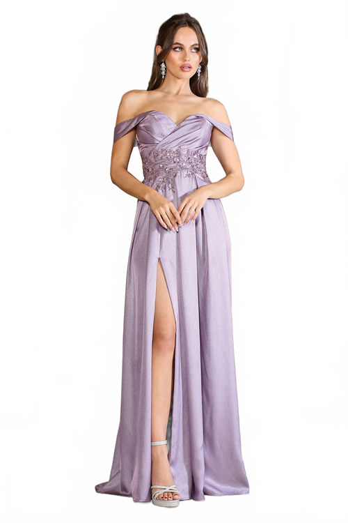 Adora 3200 Off Shoulder Beaded Satin A-Line Long Prom Dress