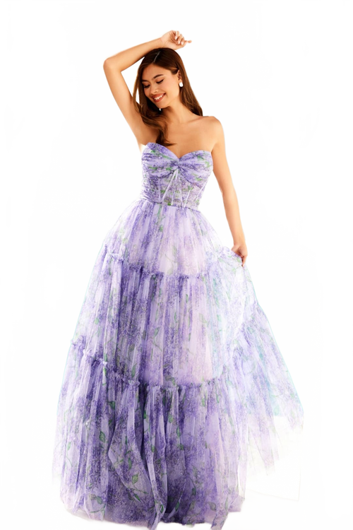 Print Strapless A-line Gown by Juliet JT2507A