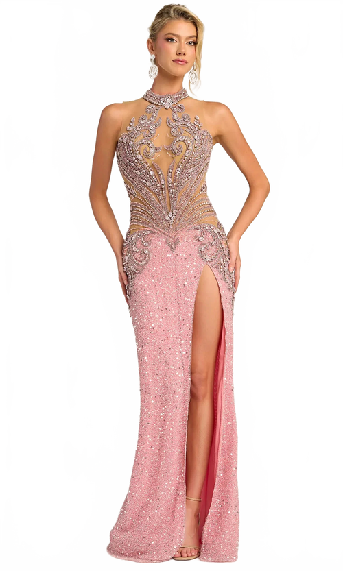 Beaded Strapless Gown with High Slit Luxe Sequin Embellished Dress by Portia & Scarlett PS26436C
