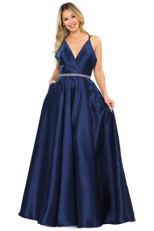 POLY USA 8690 A-Line Special Occasion V-Neck Formal Long Mikado Dress
